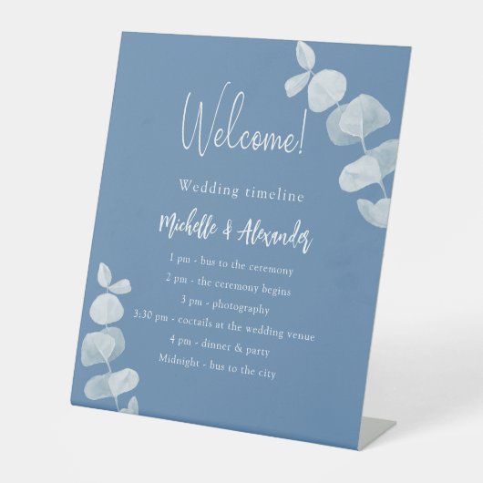 Tijdstip van het mosterdblauwe eucalyptusprogramma reclamebord met voetstuk (Voorkant)