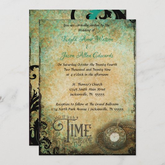 -tijdstuk twee wordt één bruiloft uitnodigen kaart (Voorkant / Achterkant)