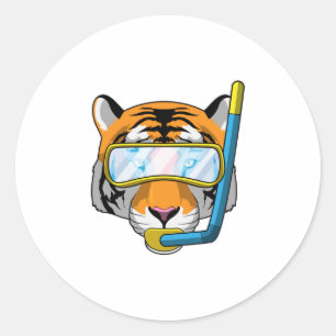 Tijger als duiker met Snorkel Ronde Sticker