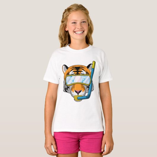 Tijger als duiker met Snorkel T-shirt (Voorkant volledig)