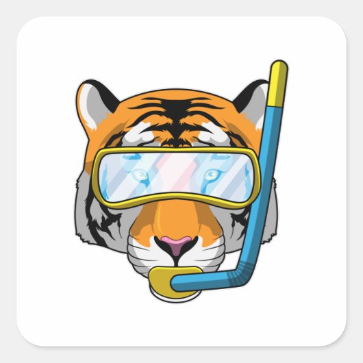 Tijger als duiker met Snorkel Vierkante Sticker (Voorkant)