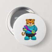 Tijger als mechanisch met moersleutel ronde button 7,6 cm (Voorkant /achterkant)