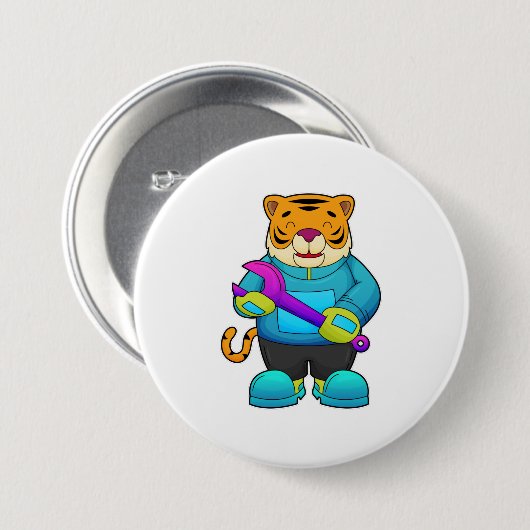 Tijger als mechanisch met moersleutel ronde button 7,6 cm (Voorkant /achterkant)