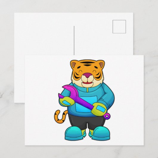 Tijger als monteur met sleutel briefkaart (Voorkant / Achterkant)