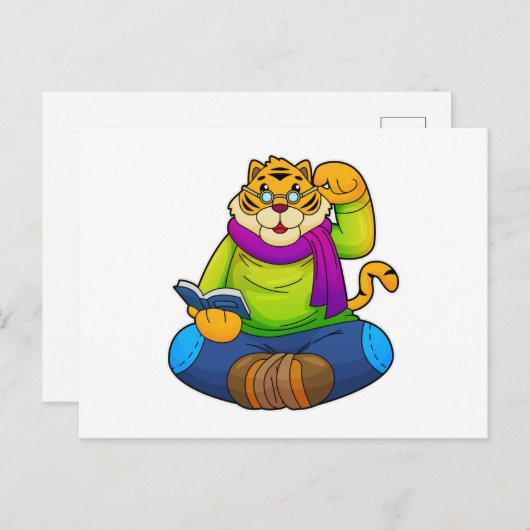Tijger als Nerd met boek Briefkaart (Voorkant / Achterkant)