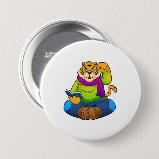 Tijger als Nerd met boek Ronde Button 7,6 Cm (Voorkant /achterkant)