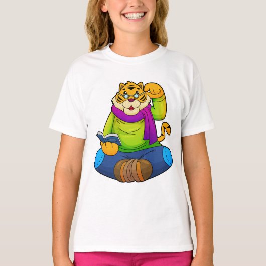 Tijger als Nerd met boek T-shirt (Voorkant)