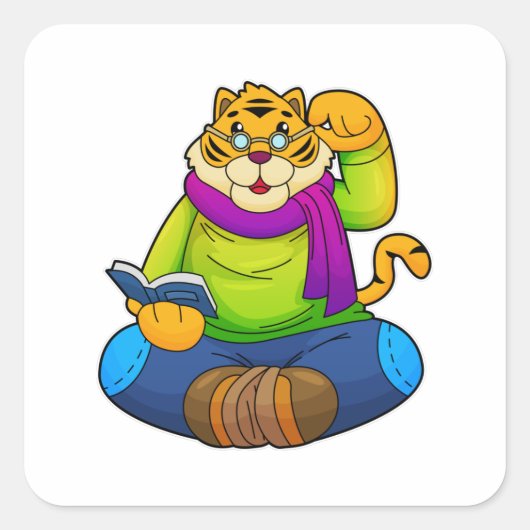 Tijger als Nerd met boek Vierkante Sticker (Voorkant)