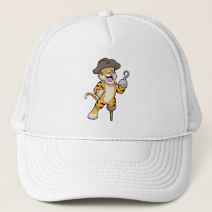 Tijger als piraat met houten been en gekookte hand trucker pet