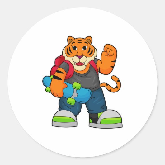 Tijger als Skater met skateboard Ronde Sticker (Voorkant)