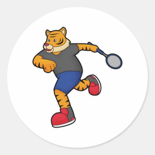 Tijger als Tennis-speler met Tennis-racket Ronde Sticker (Voorkant)
