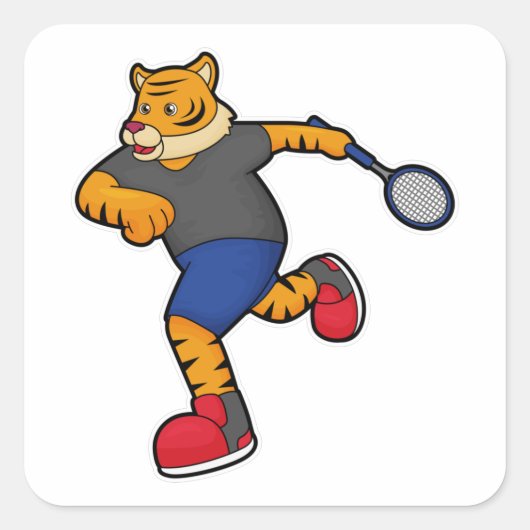 Tijger als Tennis-speler met Tennis-racket Vierkante Sticker (Voorkant)