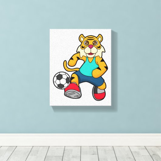 Tijger als voetbalspeler met Voetbal Canvas Afdruk (Insitu (Houten vloer))