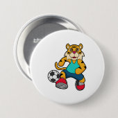 Tijger als voetbalspeler met Voetbal Ronde Button 7,6 Cm (Voorkant /achterkant)