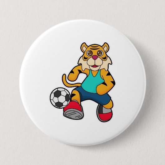 Tijger als voetbalspeler met Voetbal Ronde Button 7,6 Cm (Voorkant)