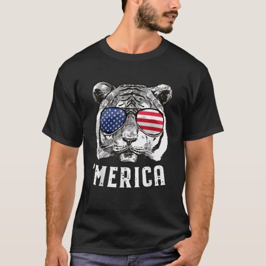 Tijger-Amerikaanse vlag op 4 juli Merica zonnebril T-shirt (Voorkant)