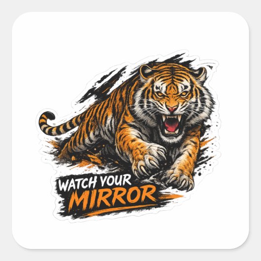 Tijger Autosticker 'Let op je Spiegel' Vierkante Sticker (Voorkant)