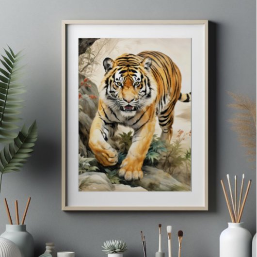 Tijger Aziatisch Traditioneel Schilderij Foto Afdruk