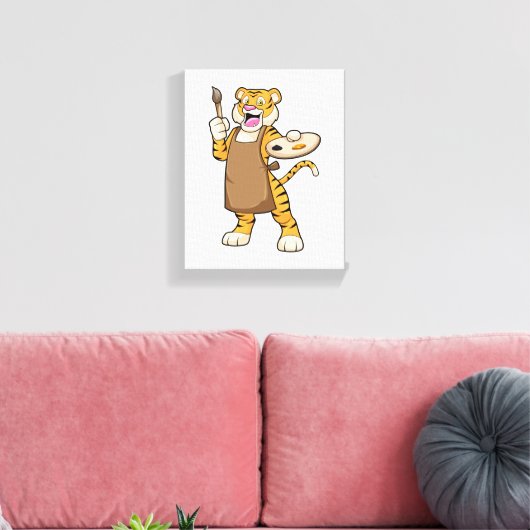 Tijger bij het Schilderen met Verf & Borstel Canvas Afdruk (Insitu (Woonkamer))