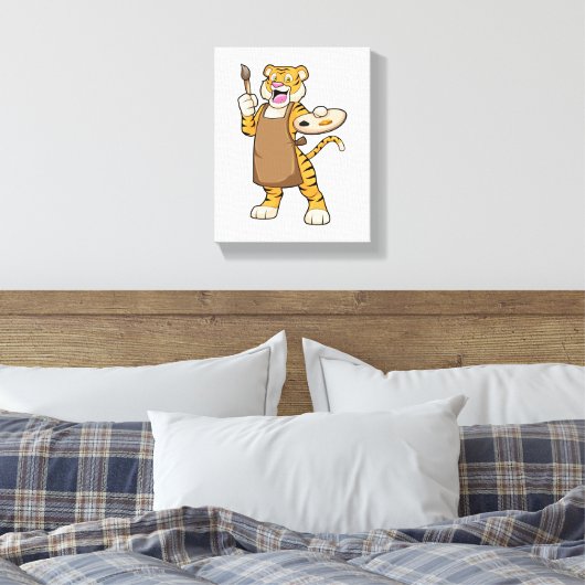 Tijger bij het Schilderen met Verf & Borstel Canvas Afdruk (Insitu (Slaapkamer))