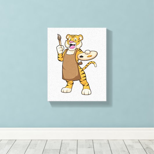 Tijger bij het Schilderen met Verf & Borstel Canvas Afdruk (Insitu (Houten vloer))