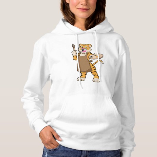 Tijger bij het Schilderen met Verf & Borstel Hoodie (Voorkant)