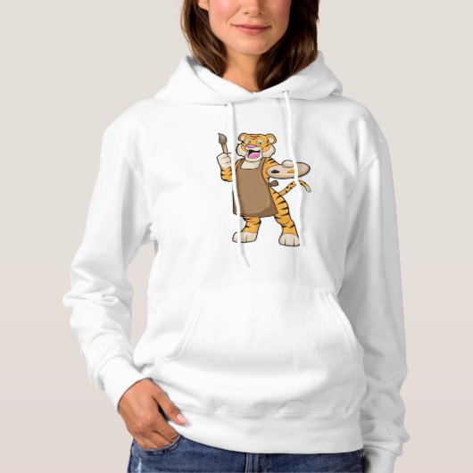 Tijger bij het Schilderen met Verf & Borstel Hoodie (Voorkant)