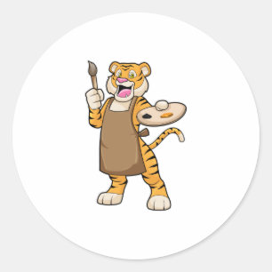 Tijger bij het Schilderen met Verf & Borstel Ronde Sticker