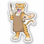 Tijger bij het Schilderen met Verf & Borstel Sticker (Voorkant)