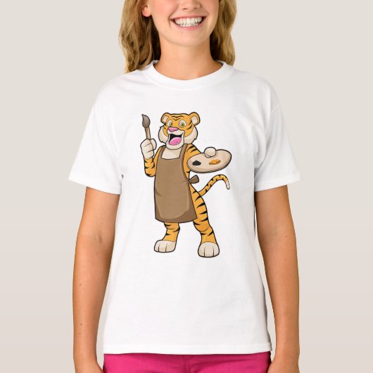Tijger bij het Schilderen met Verf & Borstel T-shirt (Voorkant)