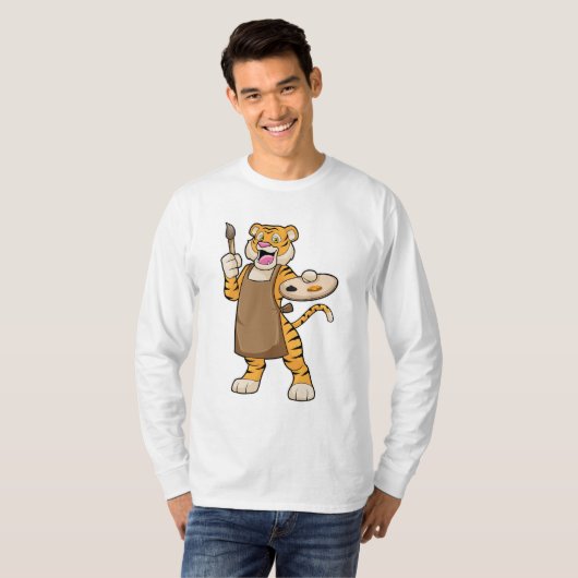 Tijger bij het Schilderen met Verf & Borstel T-shirt (Voorkant volledig)