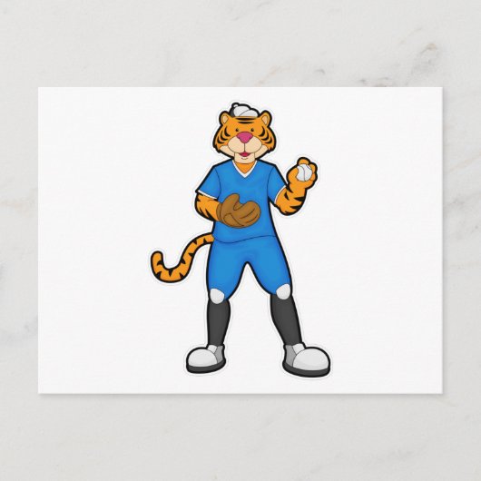 Tijger bij honkbal met honkbalhandschoen en pet briefkaart (Voorkant)