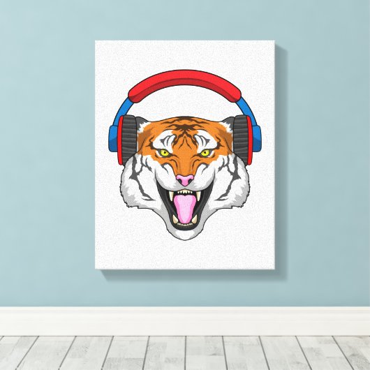 Tijger bij muziek met hoofdtelefoon canvas afdruk (Insitu (Houten vloer))