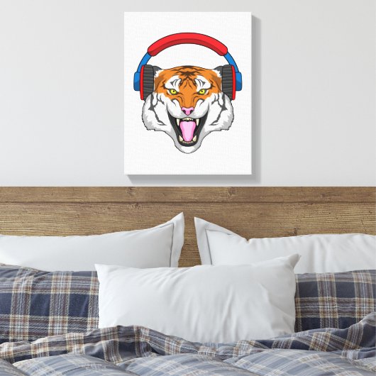 Tijger bij muziek met hoofdtelefoon canvas afdruk (Insitu (Slaapkamer))