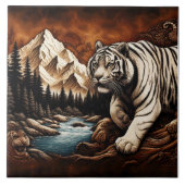 Tijger bij rivier in bergscène tegeltje (Voorkant)
