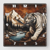 Tijger bij rivier in bergscène vierkante klok (Voorkant)