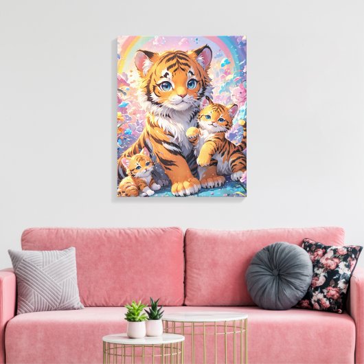 Tijger & Cubs Geanimeerde Schattigee Pastel Canvas Afdruk (Insitu (Woonkamer))