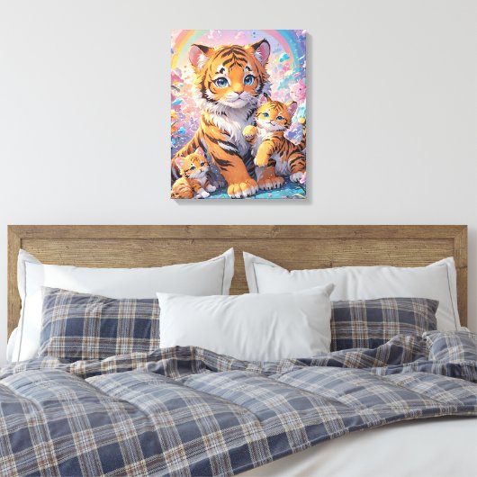 Tijger & Cubs Geanimeerde Schattigee Pastel Canvas Afdruk (Insitu (Slaapkamer))