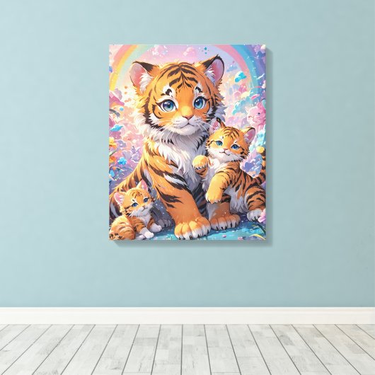 Tijger & Cubs Geanimeerde Schattigee Pastel Canvas Afdruk (Insitu (Houten vloer))