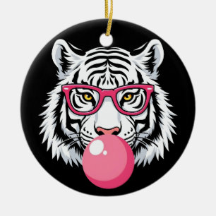 Tijger die een bril draagt en roze bubbelkauwgom b keramisch ornament