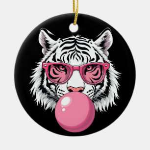 Tijger die een bril draagt en roze bubbelkauwgom b keramisch ornament
