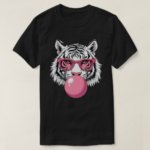 Tijger die een bril draagt en roze bubbelkauwgom b t-shirt