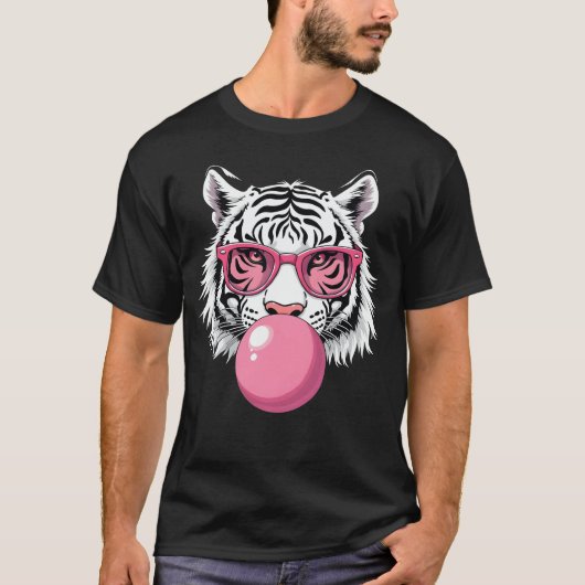 Tijger die een bril draagt en roze bubbelkauwgom b t-shirt (Voorkant)