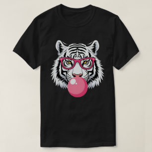 Tijger die een bril draagt en roze bubbelkauwgom b t-shirt