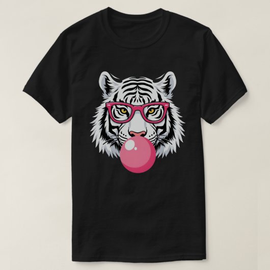 Tijger die een bril draagt en roze bubbelkauwgom b t-shirt (Design voorkant)