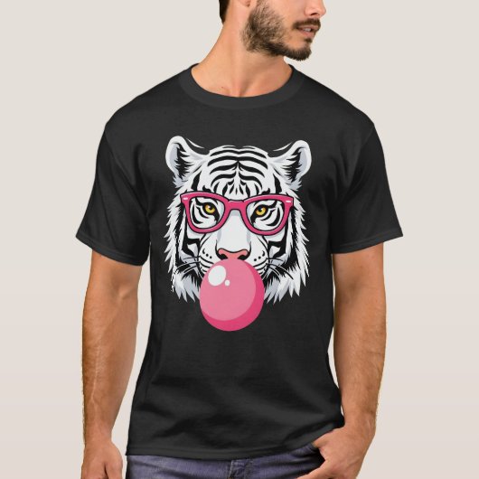 Tijger die een bril draagt en roze bubbelkauwgom b t-shirt (Voorkant)