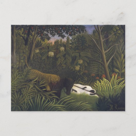 Tijger die een paard aanvalt en een slaapend zwart briefkaart (Voorkant)