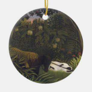 Tijger die een paard aanvalt en een slaapend zwart keramisch ornament