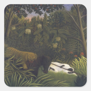 Tijger die een paard aanvalt en een slaapend zwart vierkante sticker