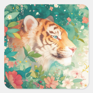 Tijger die gluurt door weelderige botanische tuin vierkante sticker